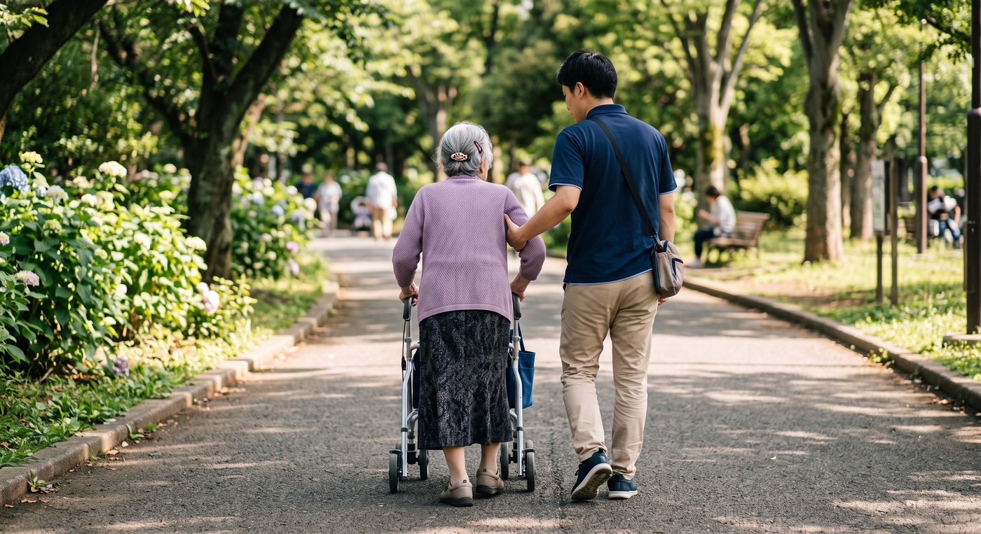 公園で歩行器を使う高齢の女性に付き添って歩く男性(こんなおっさんDo?)